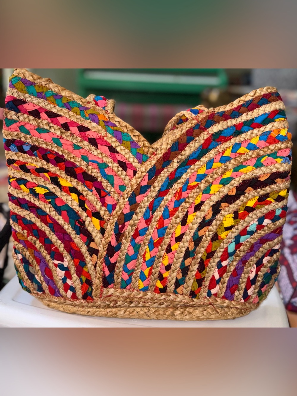 Matr Boomie Chindi Multicolor Carryall Tote Bag Woven Upcycled Sari Jute Boho